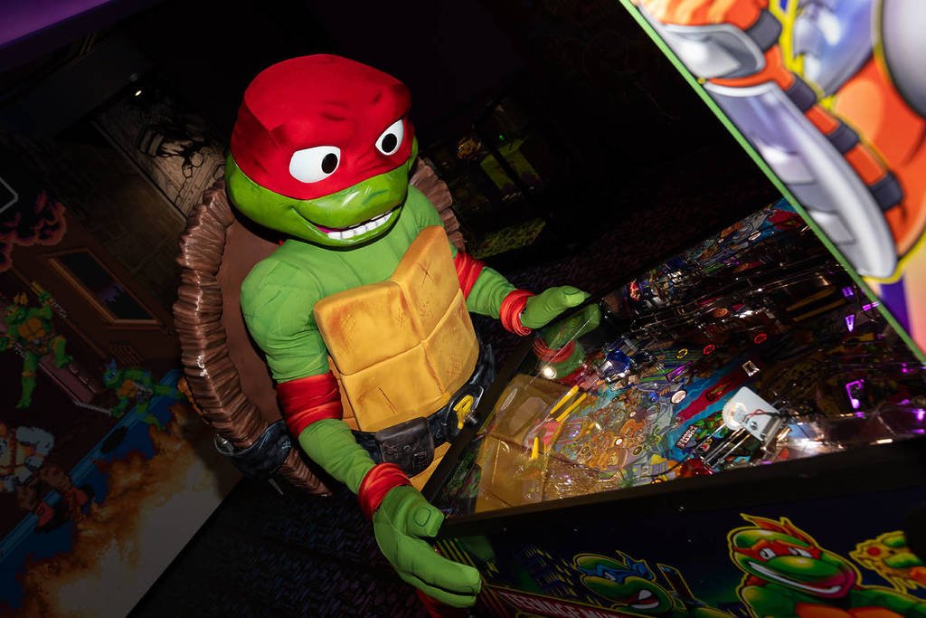 one of the Teenage Mutant Ninja Turtles playing an arcade game in the exhibition