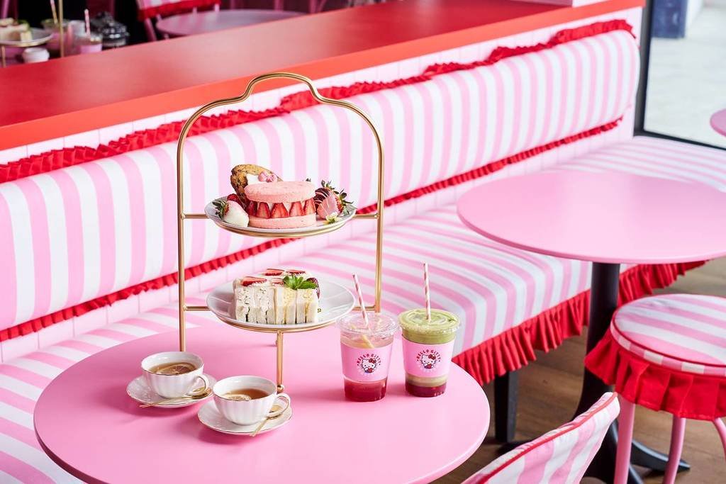 a high tea stand of colourful themed treats at the Hello Kitty Cafe