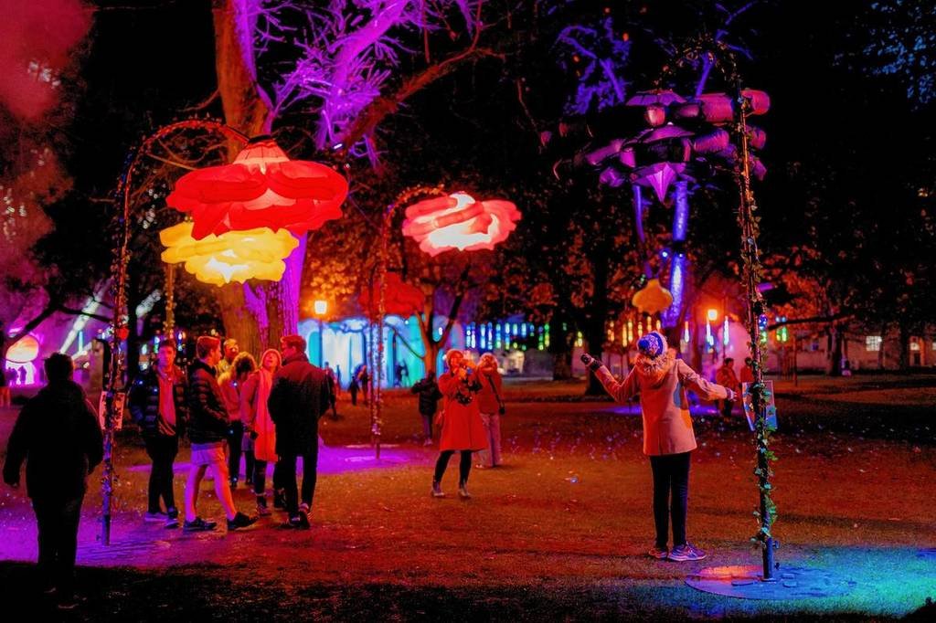 people in a park frolicking under light installations of flowers at Electric Wonderland in Bendigo