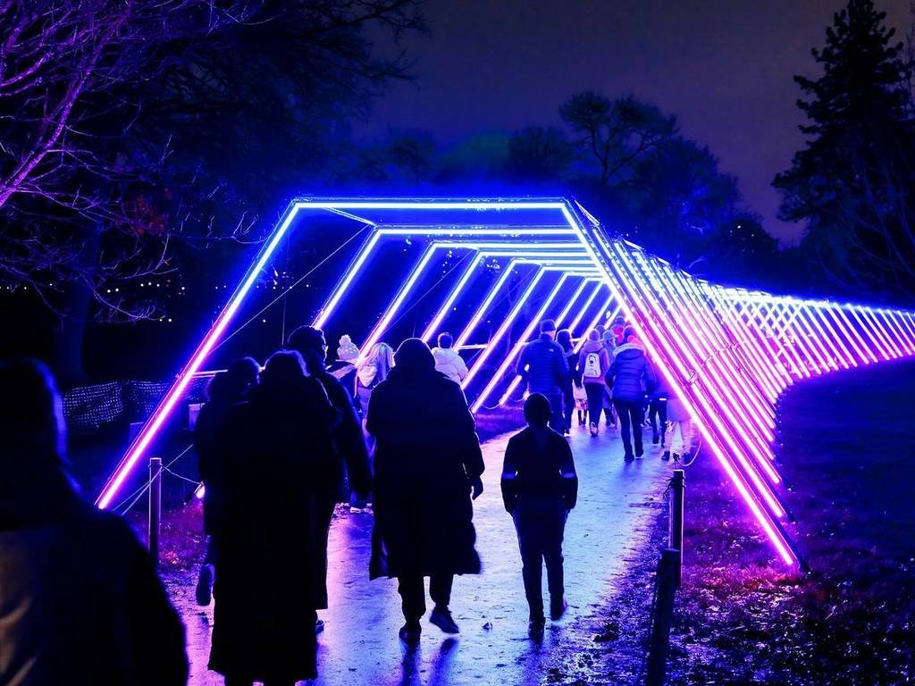 people walking through a glowing tunnel at Lightscape